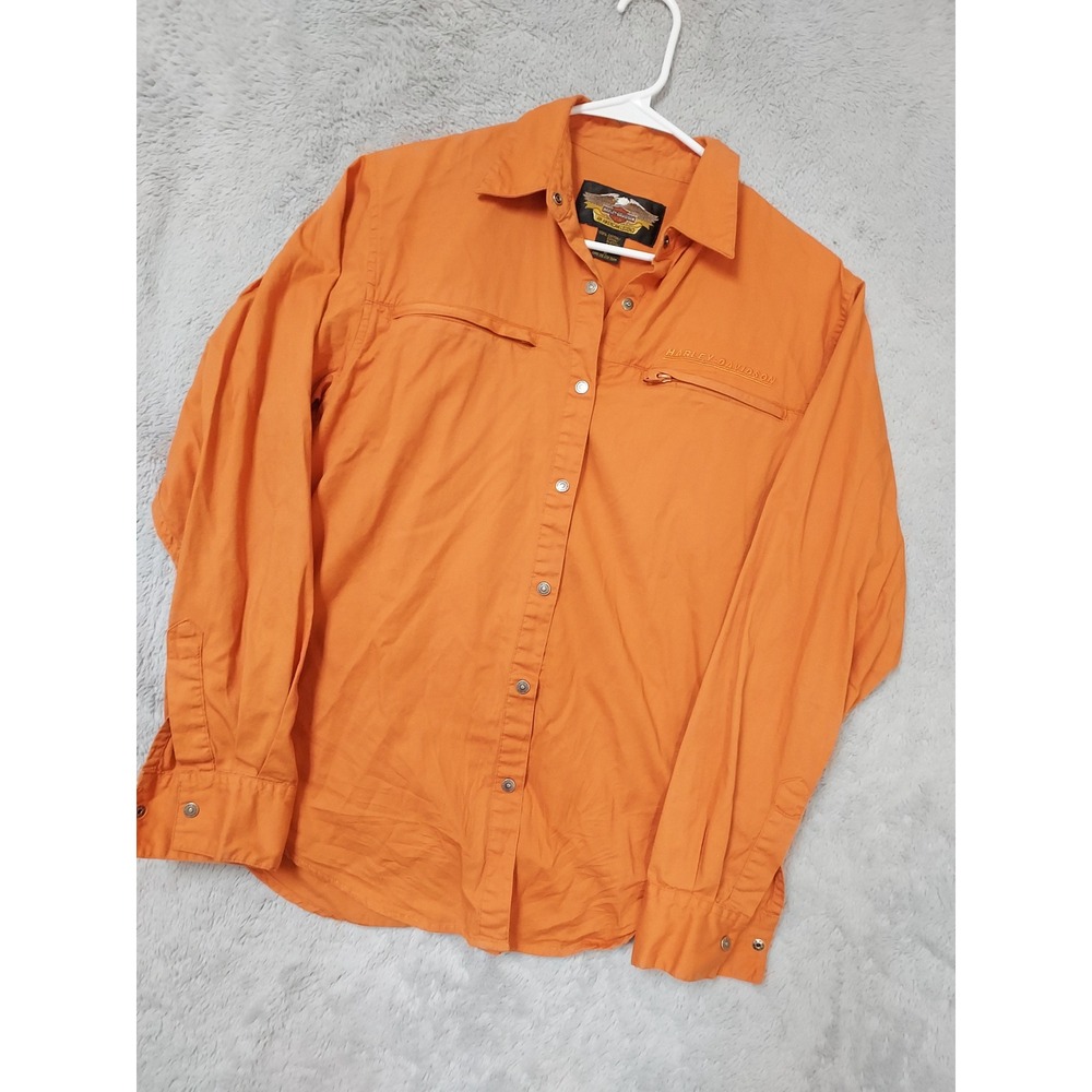 Harley Davidson Shirt Women Medium Long Sleeve Snap Embroidered Logo Orange Bike
